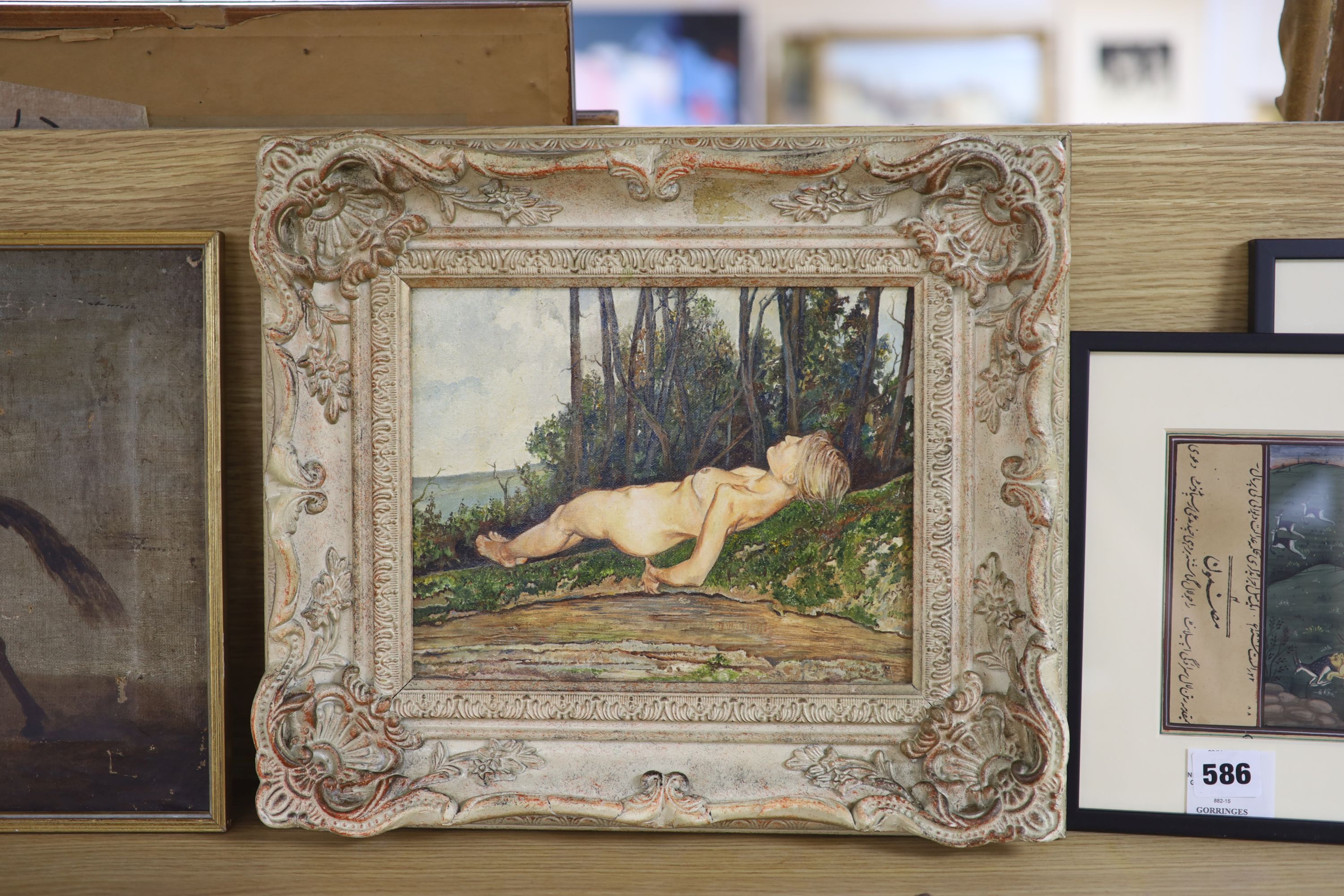 Simon Mouncey (20th C.), oil on canvas, 'Lying on the fallen tree', monogrammed, 19 x 24cm